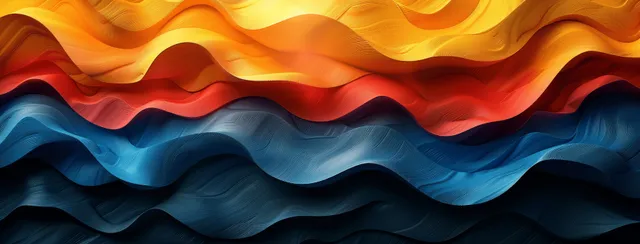 Layered blue and orange wavy ribbon curves ripple across a textured retro abstract background.