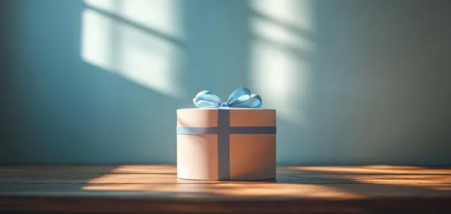 Blue ribbon gift box on wooden table with soft window light and turquoise backdrop