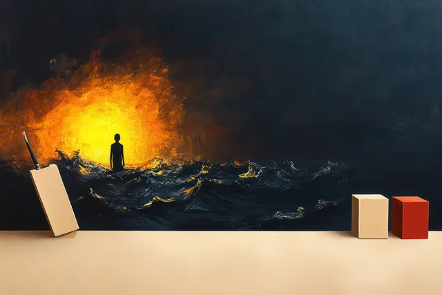 Silhouette figure stands amid dark turbulent waves, glowing orange light above wooden blocks