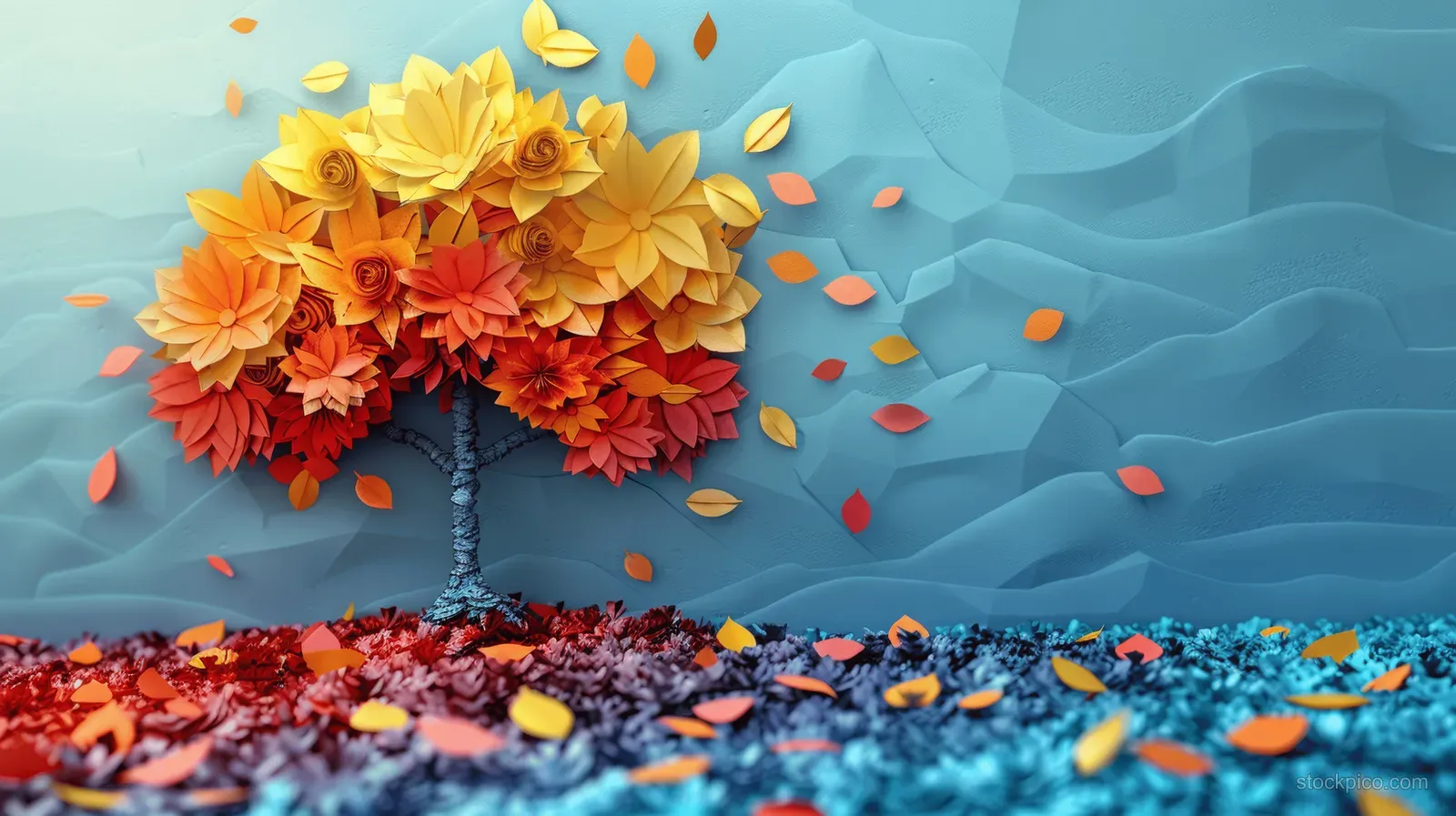 A paper-cut tree silhouette with orange and yellow leaves sits on a textured blue background with scattered petals.