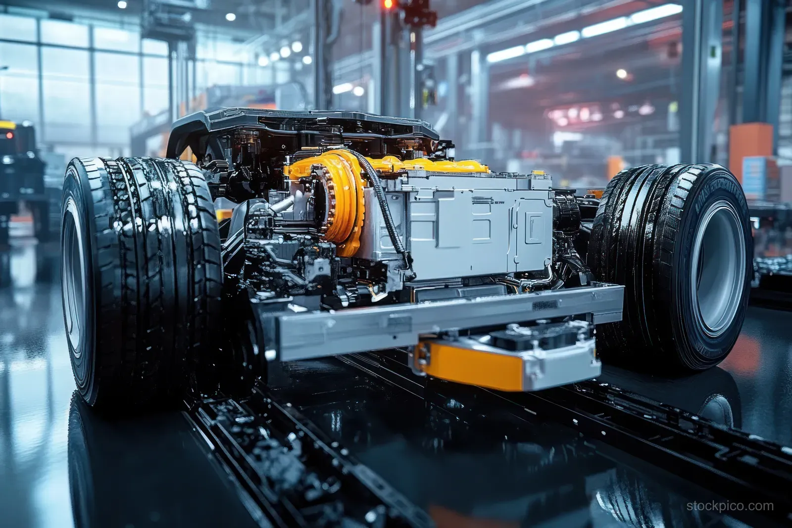 EV chassis on a factory line with large tires and exposed orange high-voltage battery and motor parts.