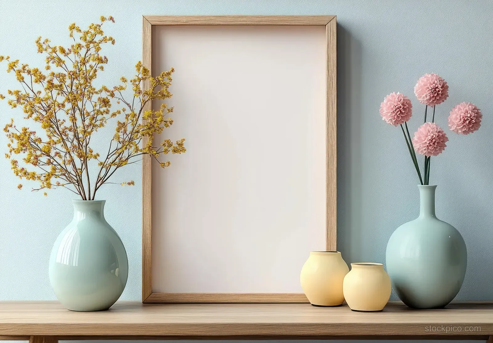 Blank wooden picture frame sits on a shelf with pastel vases of flowers against a light blue wall.
