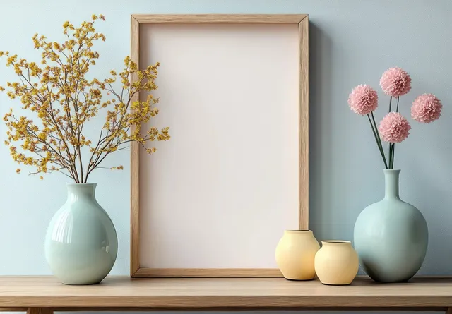 Blank wooden picture frame sits on a shelf with pastel vases of flowers against a light blue wall.
