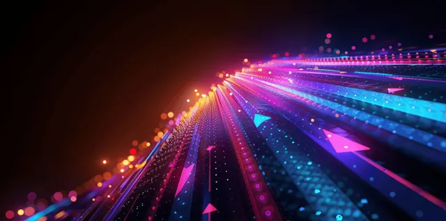 Colorful neon arrow lines race through a dark tunnel with glowing bokeh particles and light trails.