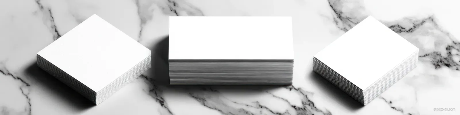 Stacked business cards lie on a white marble surface with soft shadows and blank space.
