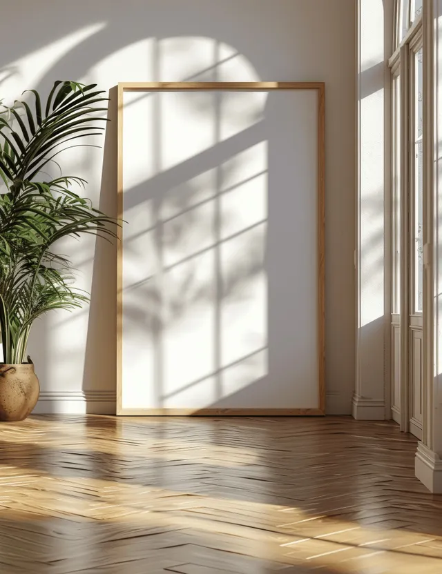 Blank wooden picture frame by a sunlit wall with window shadows across a wooden floor.