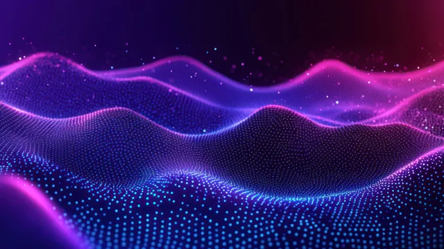 Glowing purple and blue dot waves ripple in a dark futuristic digital background.