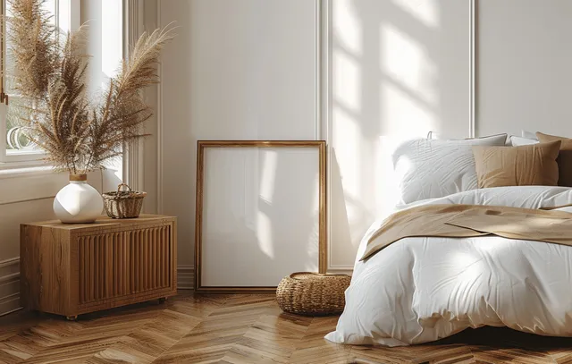 Boho bedroom corner with a made bed, wooden bedside table, pampas grass, and an empty framed mockup poster.