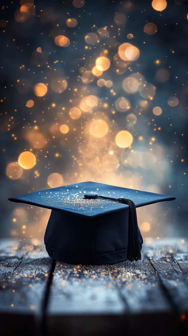 A black graduation cap with tassel sits on a wooden surface with golden sparkling bokeh lights behind it.