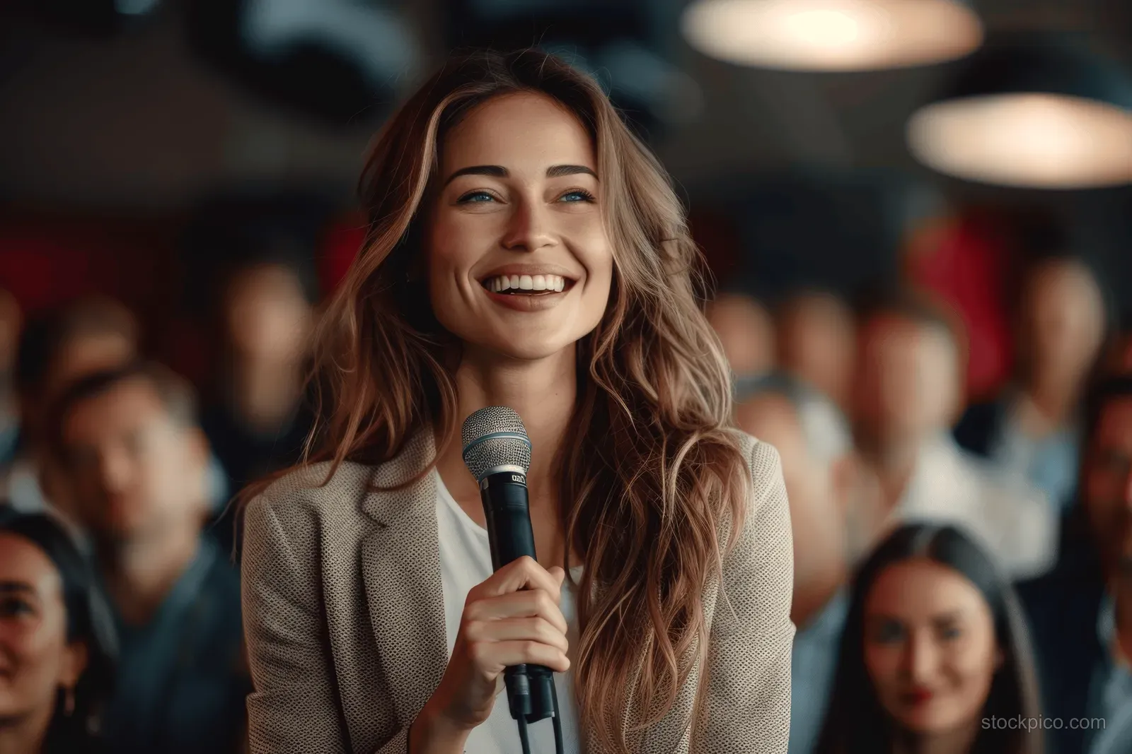 Smiling woman in a blazer holds a microphone and speaks to an audience at a conference event.