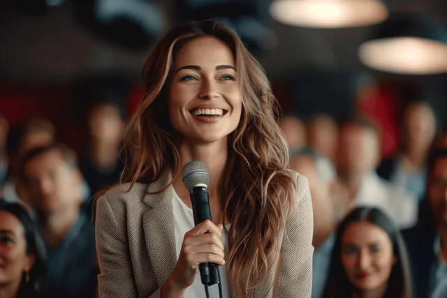 Smiling woman in a blazer holds a microphone and speaks to an audience at a conference event.