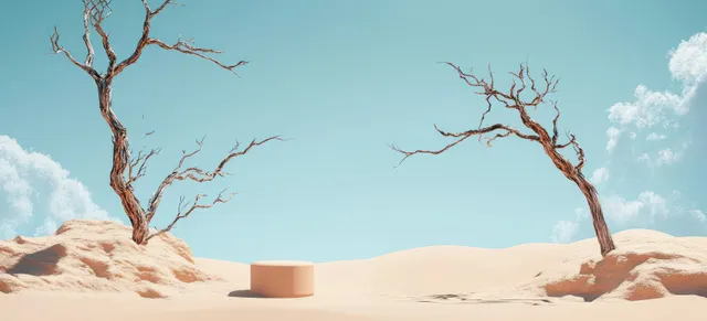 Minimalist product podium on desert sand with twigs, soft pastel sky, and gentle shadows