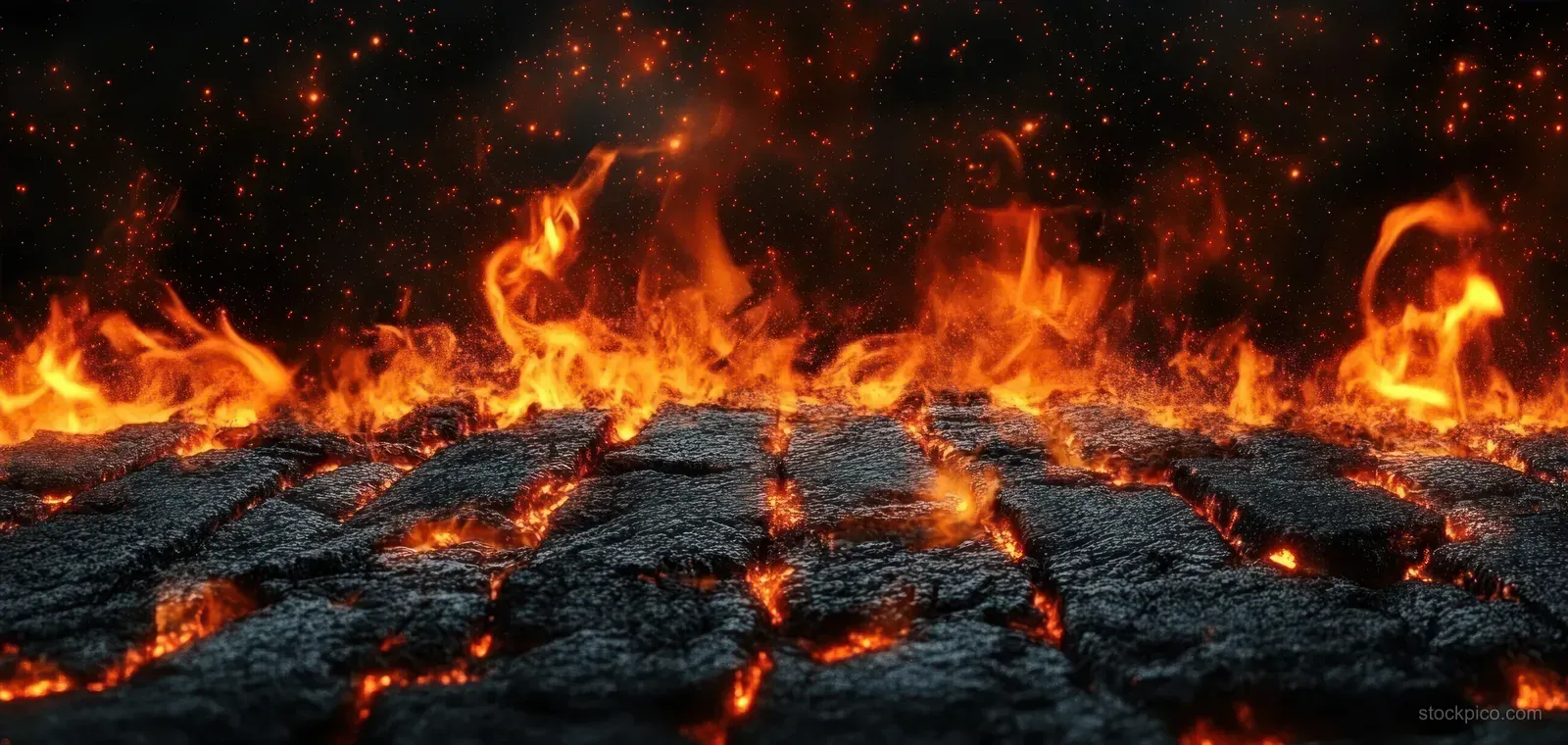 Glowing coals with orange flames and sparks rising from a dark fire pit.