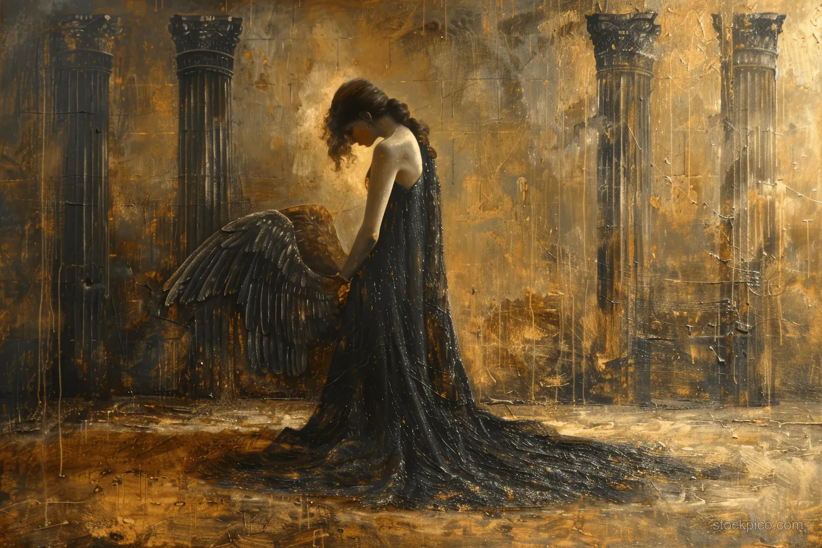 Virgin Mary kneels in ancient Jerusalem as a radiant angelic light shines near stone columns.
