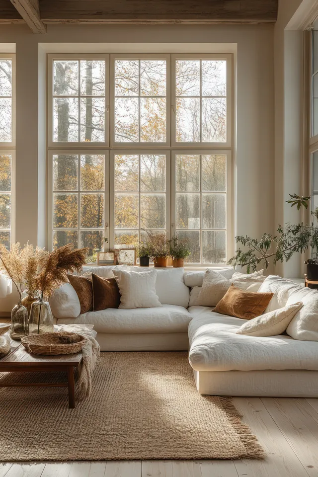 Sunlit Scandinavian living room with neutral sectional sofa, layered cushions, and green plants beside a large window.