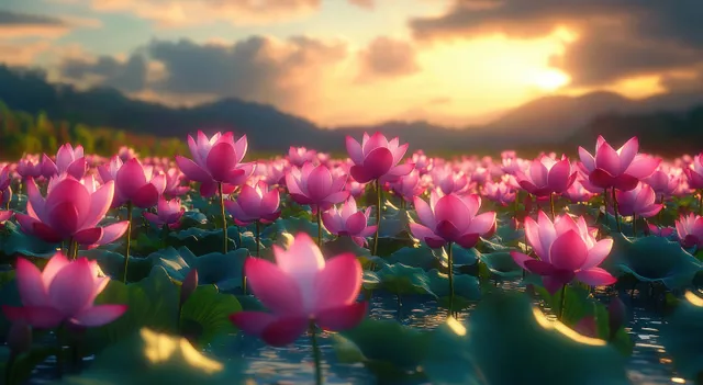 Pink lotus blooms on calm water, glowing sunset light, reflected petals, distant mountains