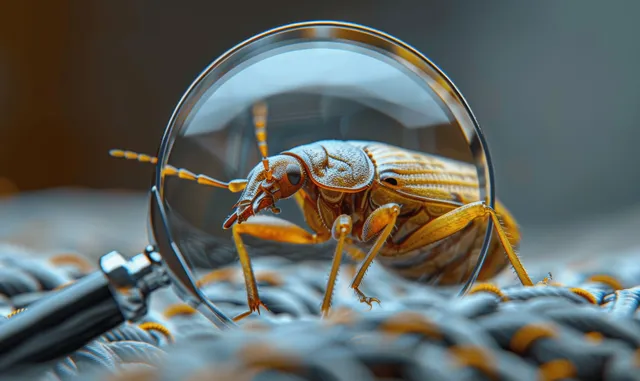 A bedbug is magnified on a rumpled bedsheet under a circular magnifying glass lens.