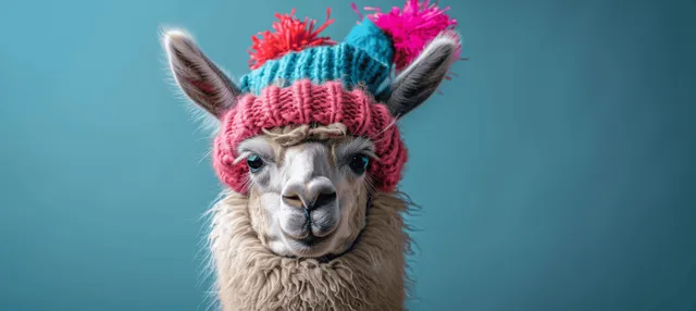 Laughing alpaca wearing colorful party hat and sunglasses against solid blue background