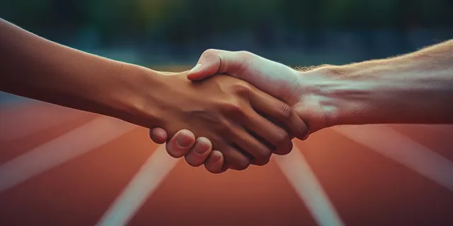 Multiracial runners on a track exchange a respectful handshake, symbolizing unity and fair play against racism at sunset.