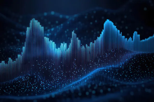 Glowing blue vertical bars rise from a dark grid as particles drift across a digital wave landscape.