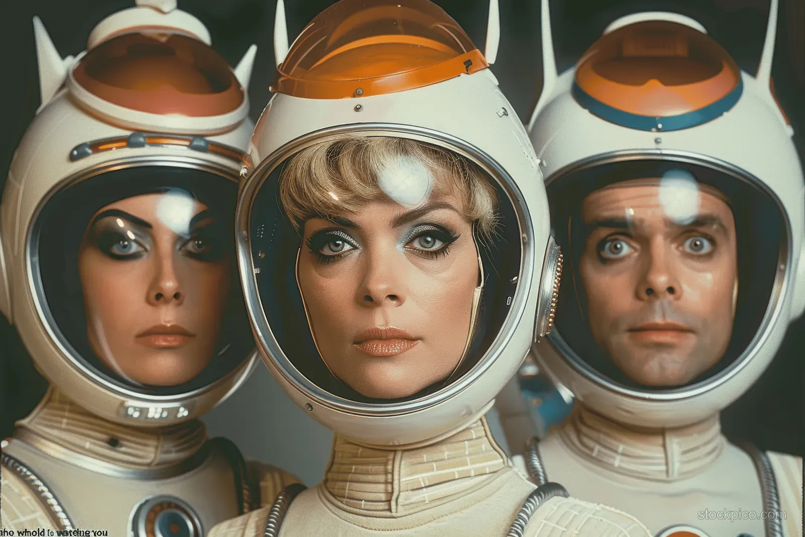 Three people in metallic astronaut helmets pose closely in front of a futuristic space-age background.