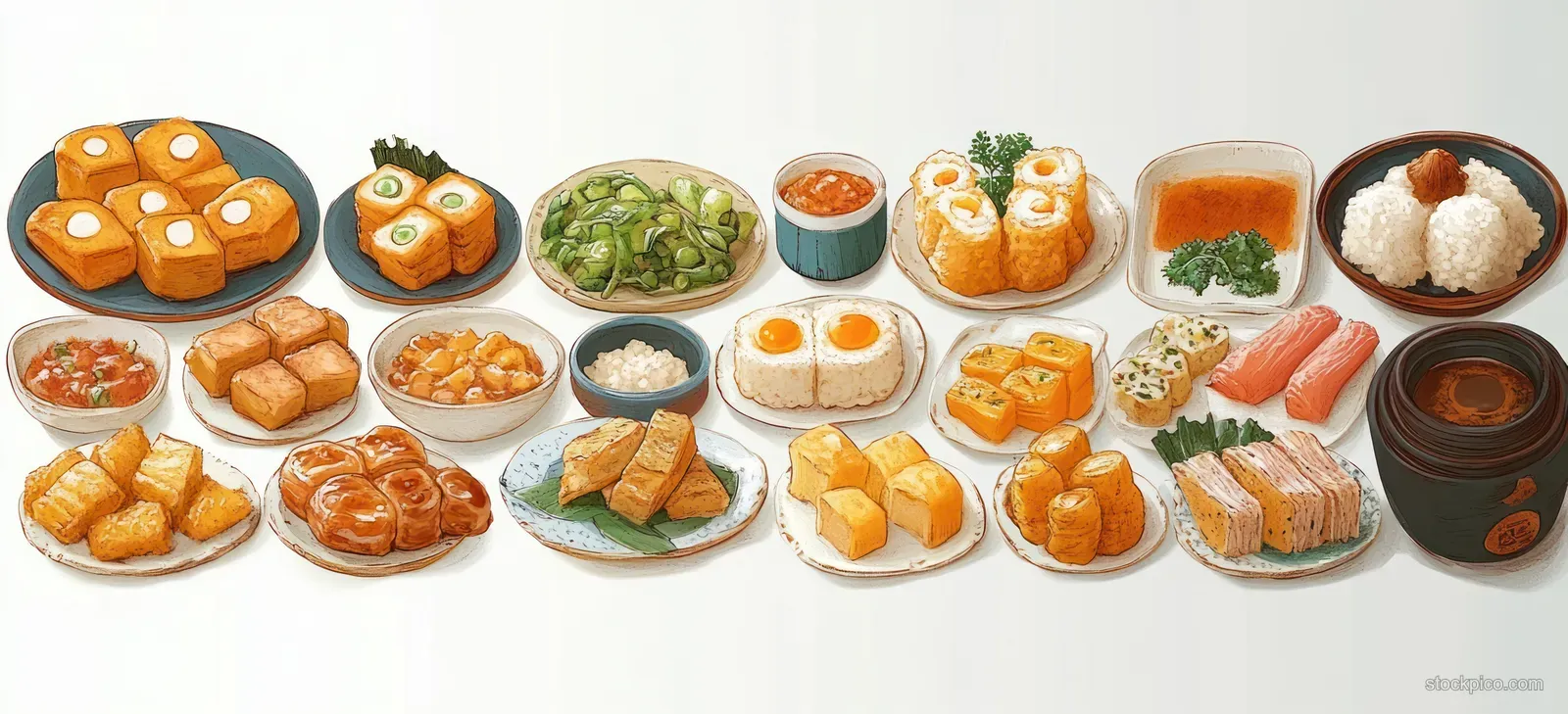 Japanese platter of sushi, onigiri rice balls, fried tofu, edamame, small side dishes, and miso soup.