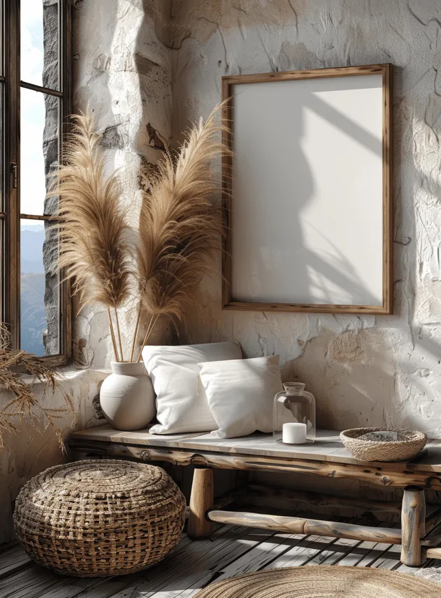Boho shelf vignette with a blank framed photo, rattan stool, pampas grass, and neutral cushions on a rustic table.