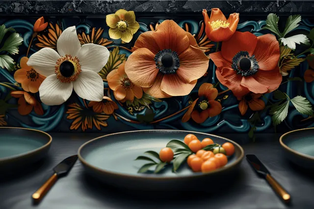 Art Nouveau Floral Pattern with Anemones and Poppies on Dark Green