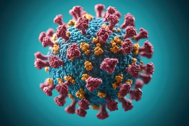 A 3D coronavirus particle with colorful spikes is shown floating against a teal background.