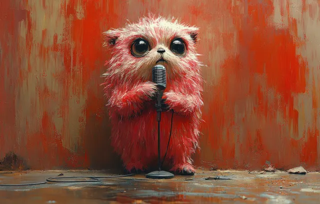 A furry monster character sings into a microphone against a warm, textured orange studio backdrop.