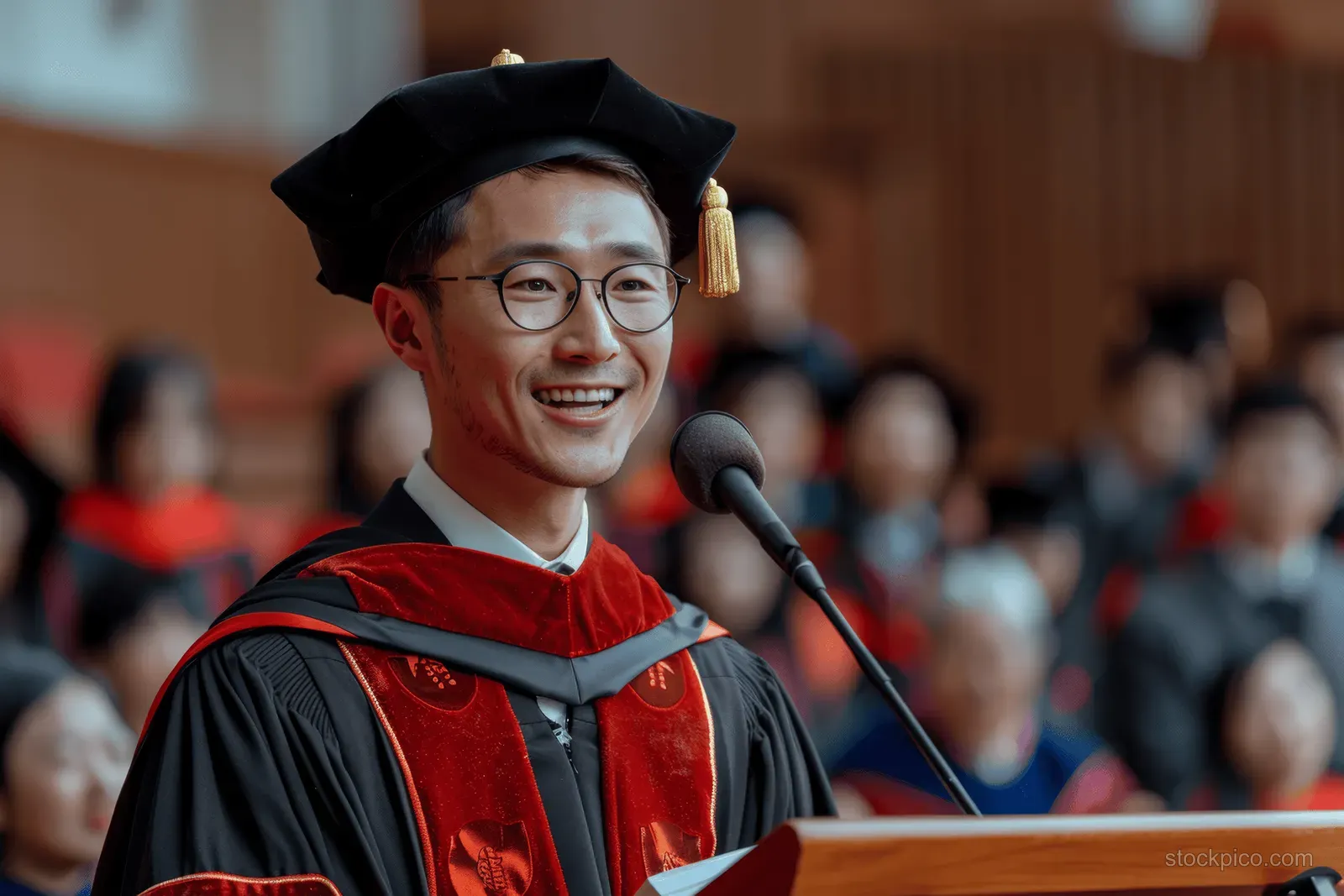 Young graduate in cap and gown smiles while speaking at a podium microphone with an audience blurred behind.