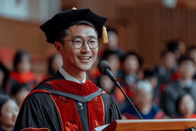 Young graduate in cap and gown smiles while speaking at a podium microphone with an audience blurred behind.