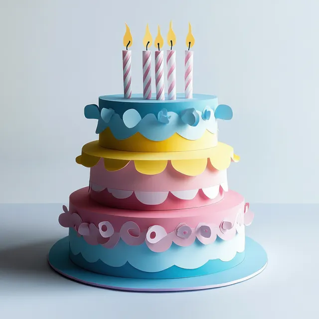 Three-tier paper cake model with pink, blue, and yellow layers topped by five lit spiral candles on a light background.