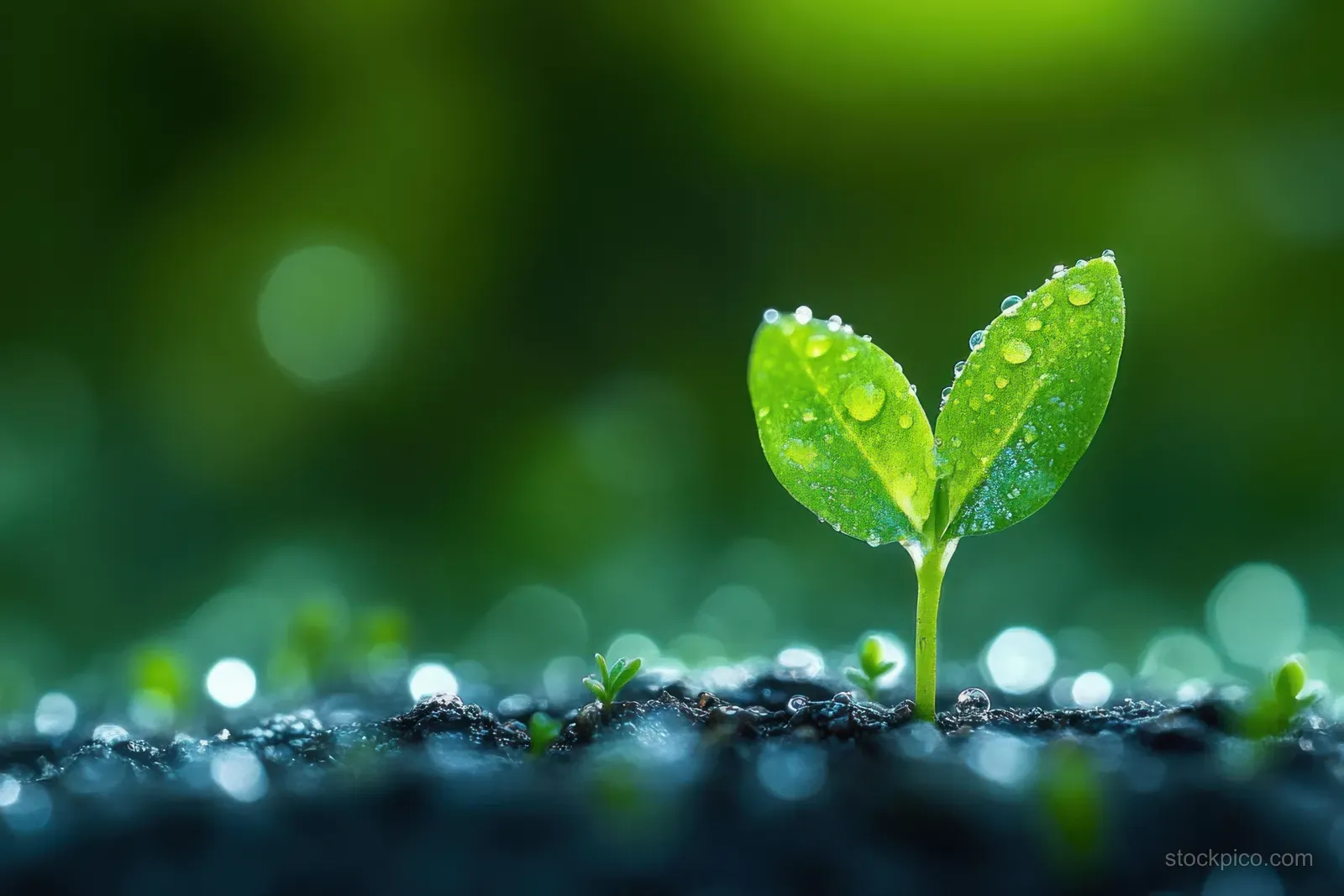 A small green sprout with dew drops stands in dark soil under soft morning bokeh light.