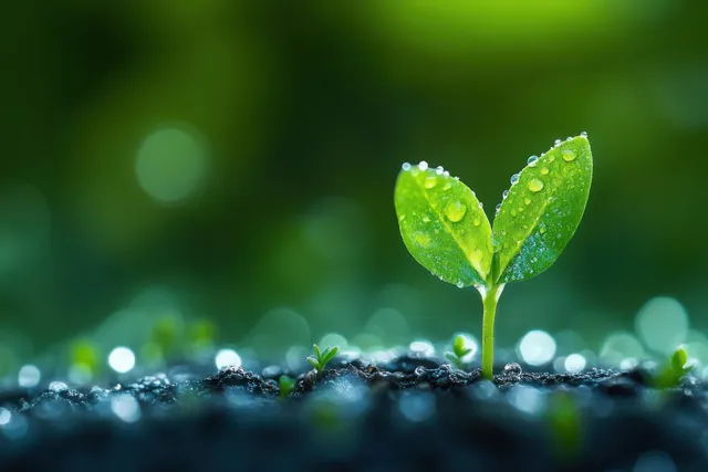 Dew-covered sprout rising from dark soil with soft bokeh morning light