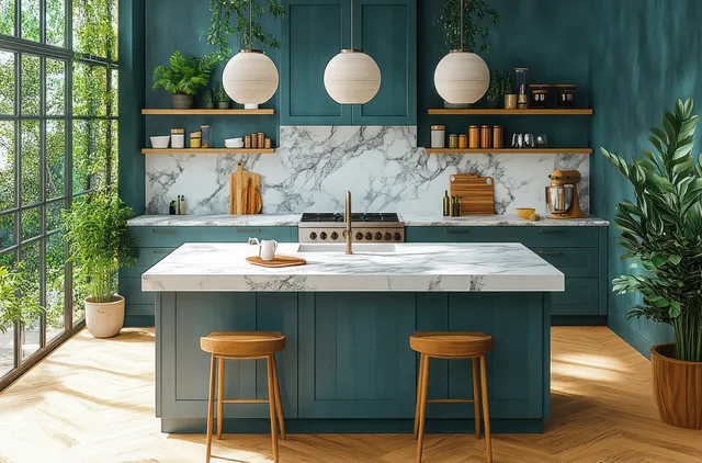 Sunlit Scandinavian kitchen with teal cabinets, marble backsplash, white island, and round pendant lights near windows.