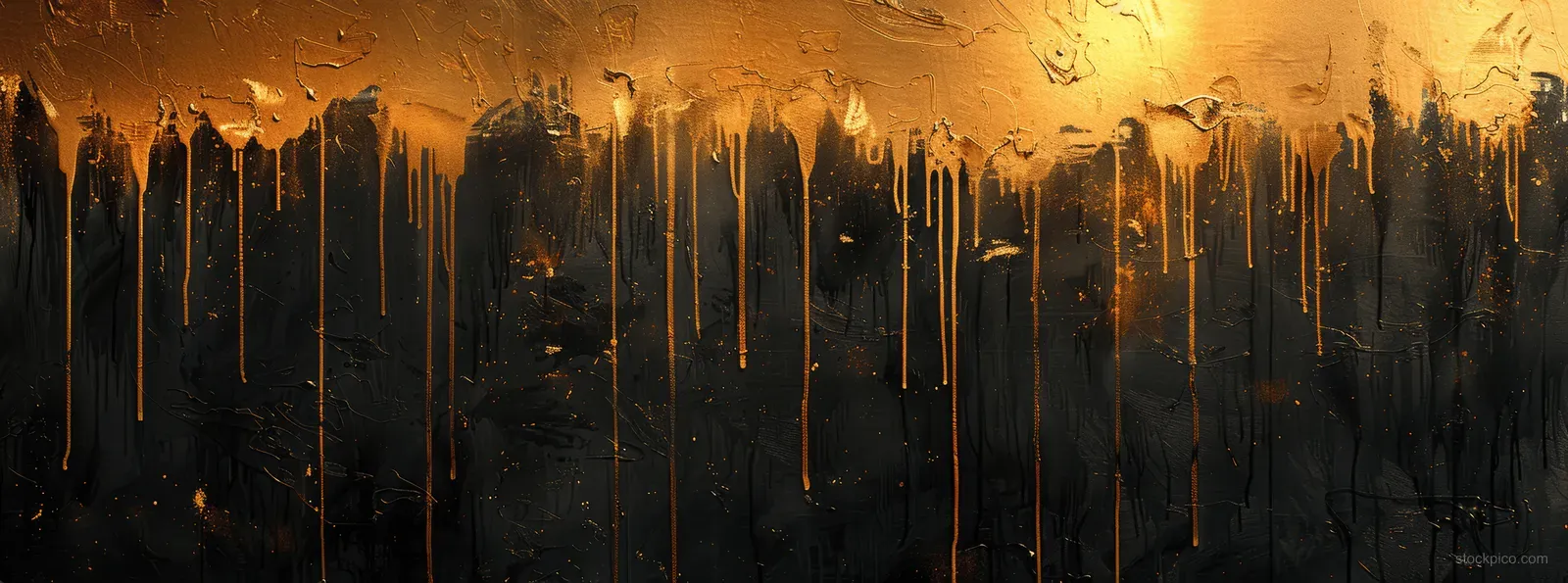 Black and gold paint drips streak down a white abstract canvas beside geometric rectangle shapes.