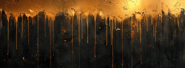 Black and gold dripping paint over white canvas with sharp geometric rectangle blocks