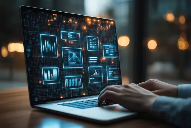 A hand controls a laptop screen showing glowing analytics chart panels with a blurred office background.