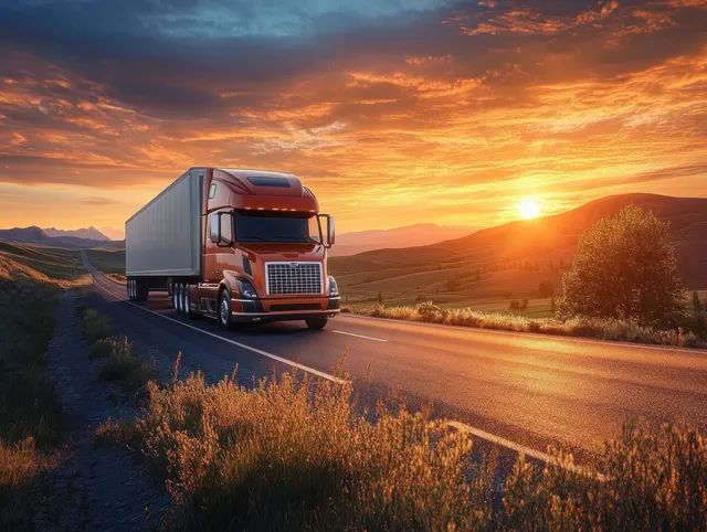 Semi-truck drives along a two-lane road at sunset with glowing mountainous horizon