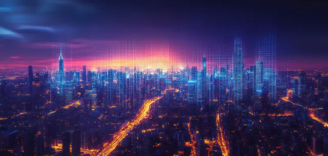 Twilight skyline with glowing grid roads and wireframe buildings fading into a colorful evening sky.