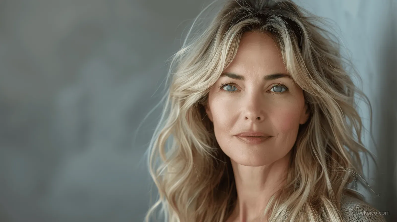 Middle aged blonde woman with blue eyes smiling in a close-up portrait with wavy hair and a blurred background.