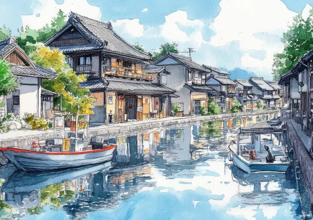 Riverside Town in Japan with Harbor Boats