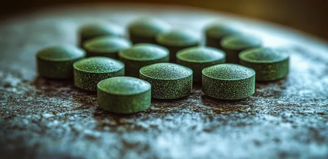 Green round speckled tablets arranged on a rough textured surface under soft natural light.