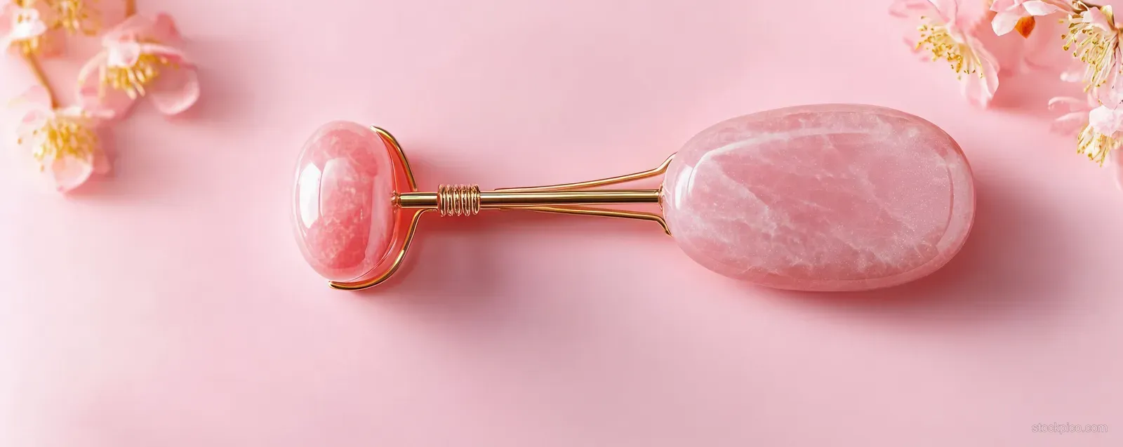 Pink jade facial roller and rose quartz gua sha stones laid on a pastel pink background with rose decor.