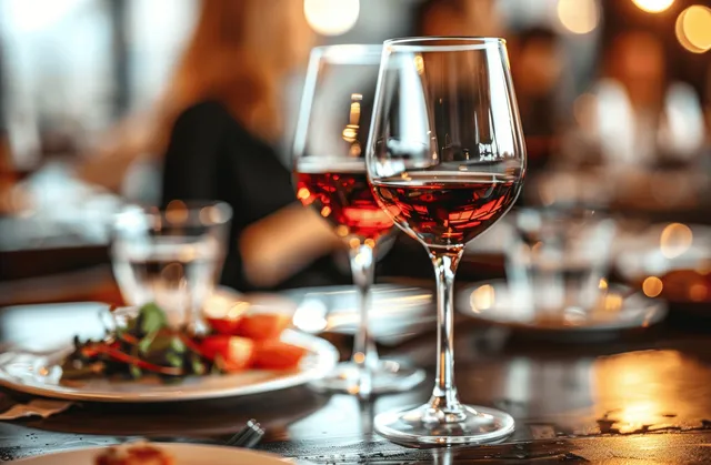 Red wine glasses sit on a winter outdoor restaurant table while people toast in the softly lit background.