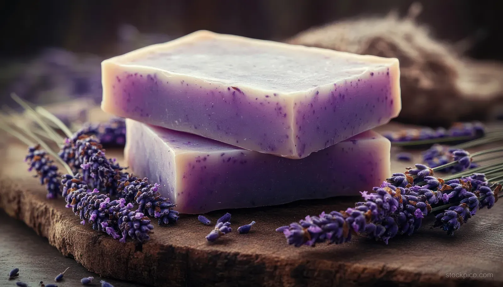 Two stacked lavender scented soap bars on a rustic wooden board with lavender sprigs around them.