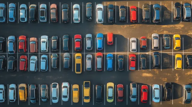Top view of densely parked colorful cars arranged in neat rows with long golden shadows.