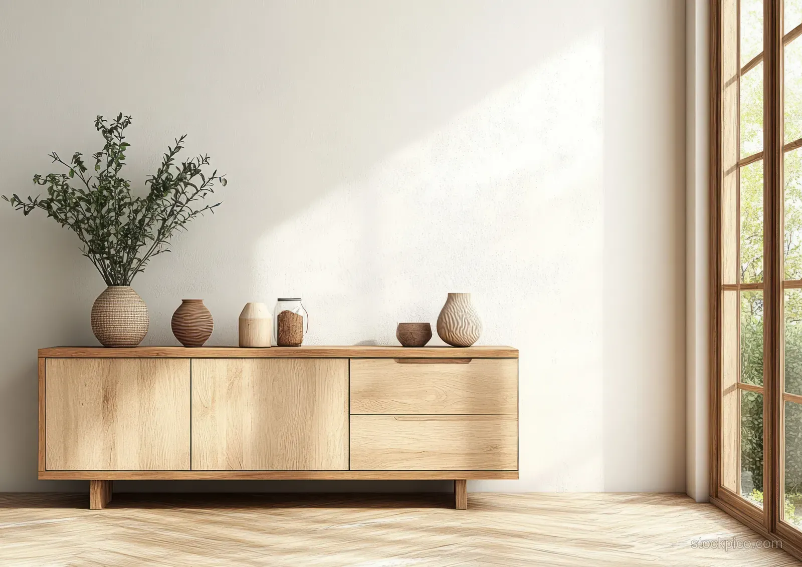 Minimalist sideboard with vases and a leafy plant beneath a soft glowing lamp by a bright window.