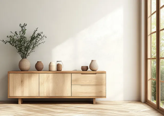 Minimalist living room scene with wooden sideboard, plants, and warm lamp glow
